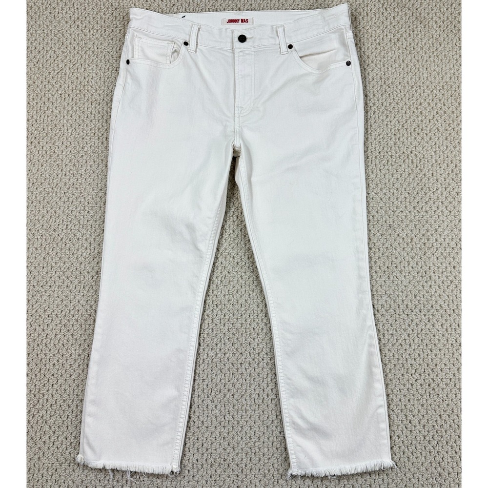 Johnny Was Jeans Womens 29 Fits 34x25 Off White Crop Boyfriend Stretch Fray Hem